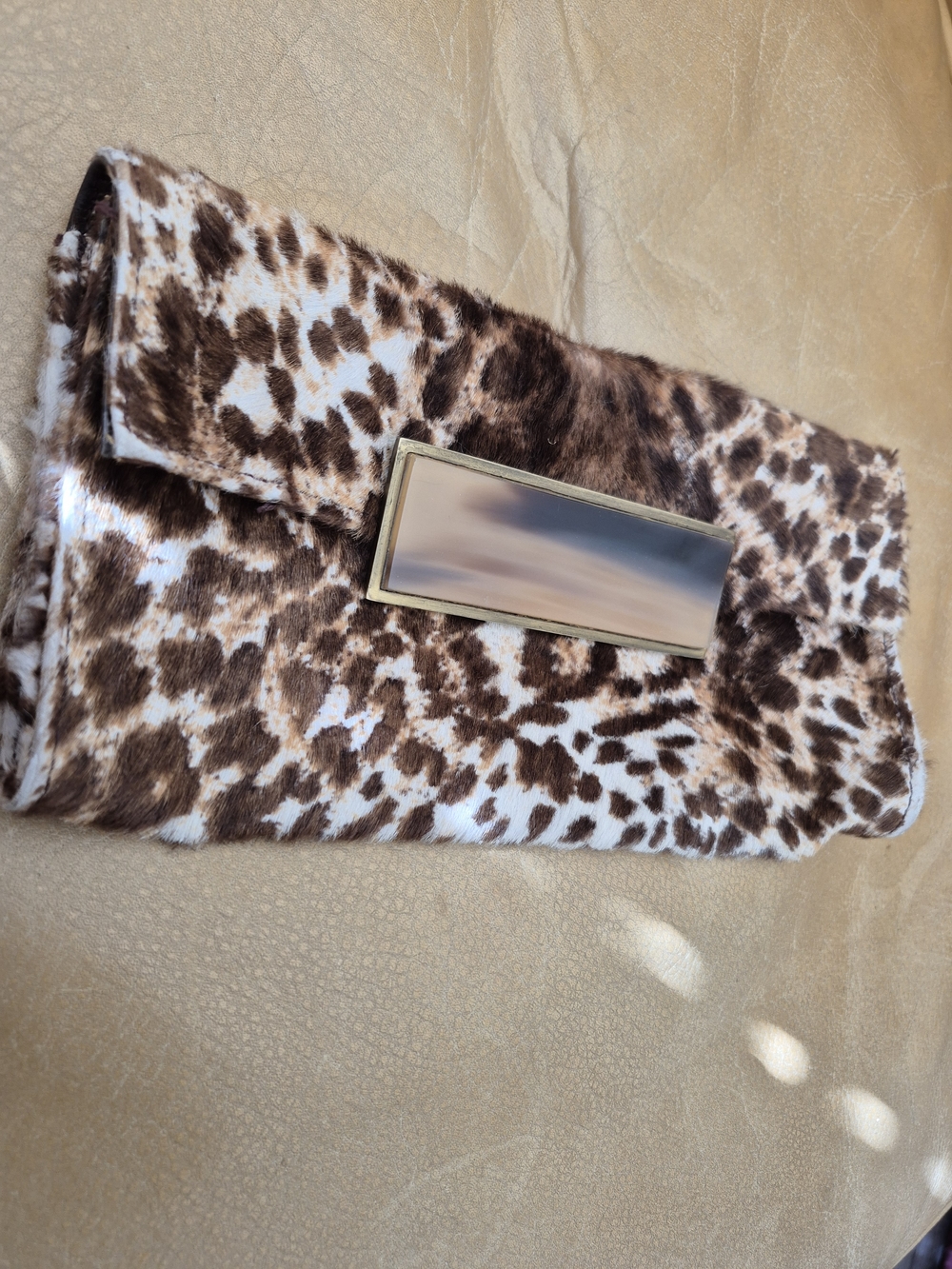 R&Y Augousti Leopard-Pattern with Fur Clutch with Gold Hardware
